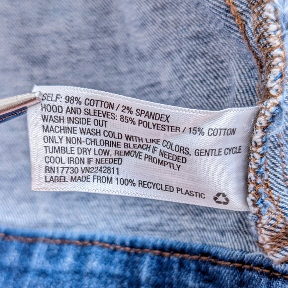 Mossimo Jean Jacket Distressed Denim Hooded Button Colorblock Women's Medium - Picture 9 of 10